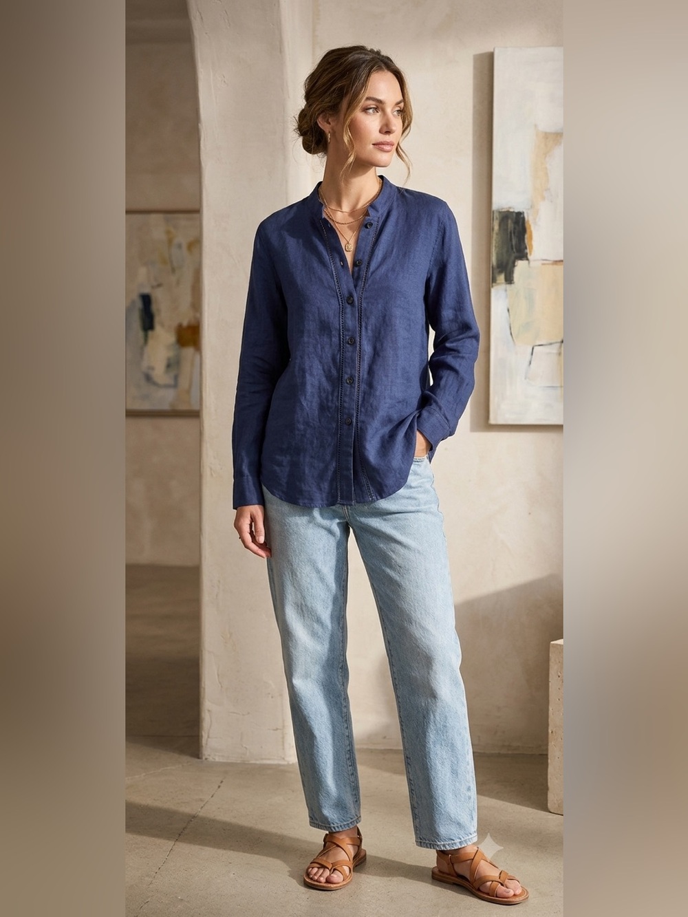Sigrid Olsen Womens's Navy 100% Linen Shirt, Size Medium